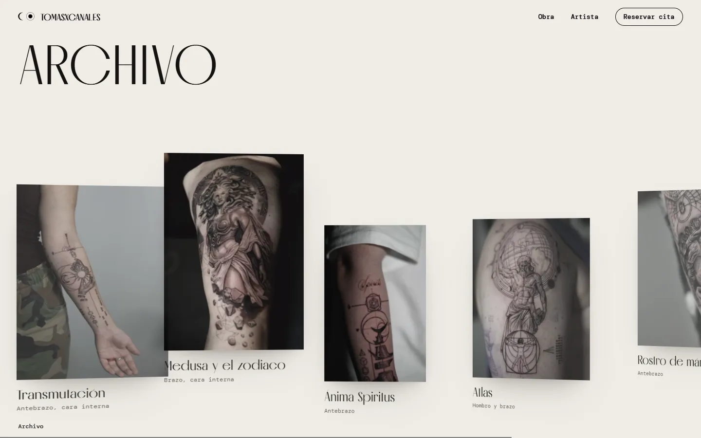 The work archive on tomasxcanales.com: cards with photos of tattoos, their name and the part of the body