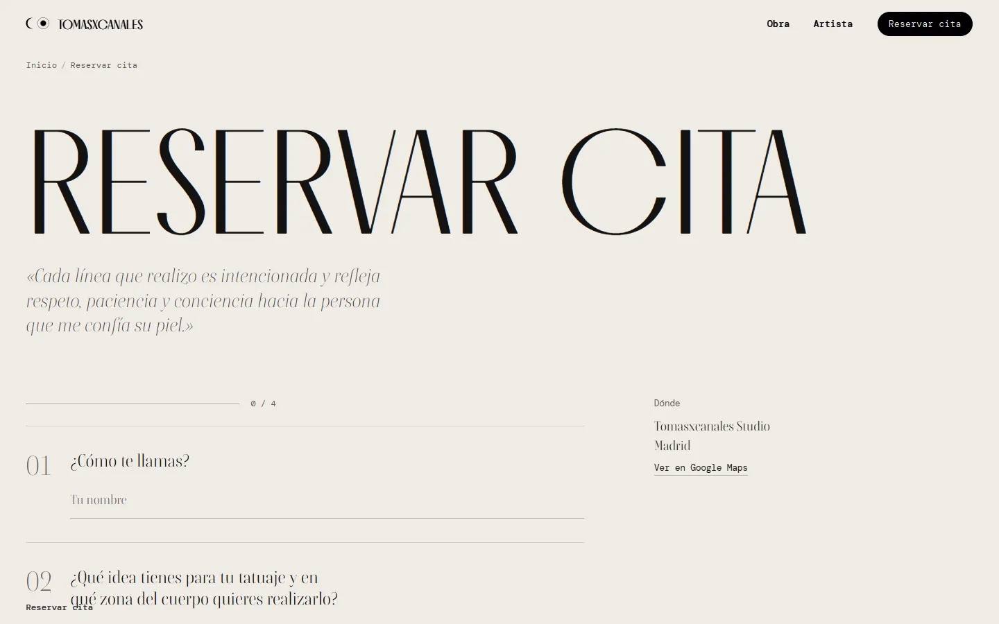 The ‘Reservar cita’ (book an appointment) page on tomasxcanales.com, showing the first step of the form